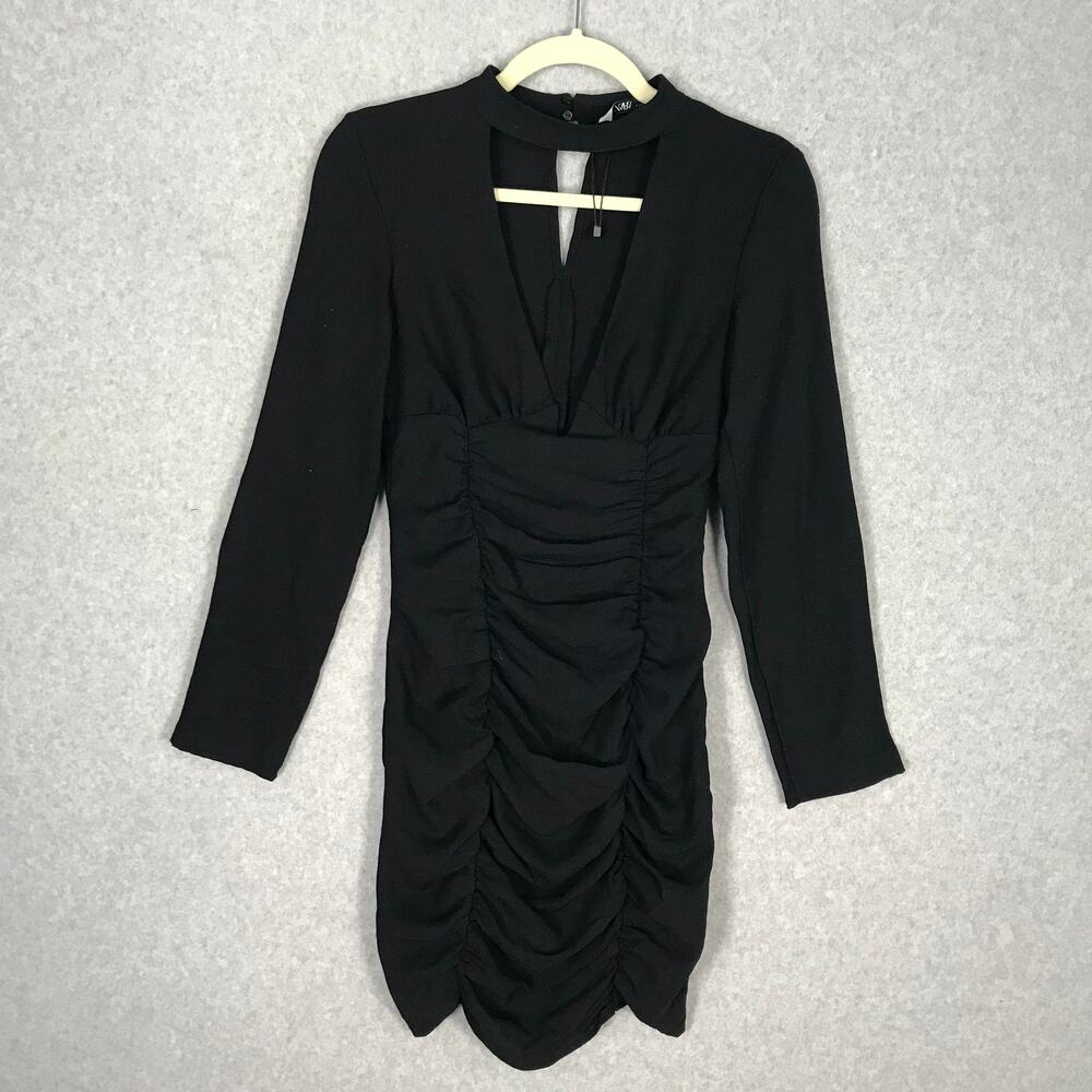 ZARA Dress Womens XS Black Ruched Plunge Chocker Goth Corp Party Cocktail Rock